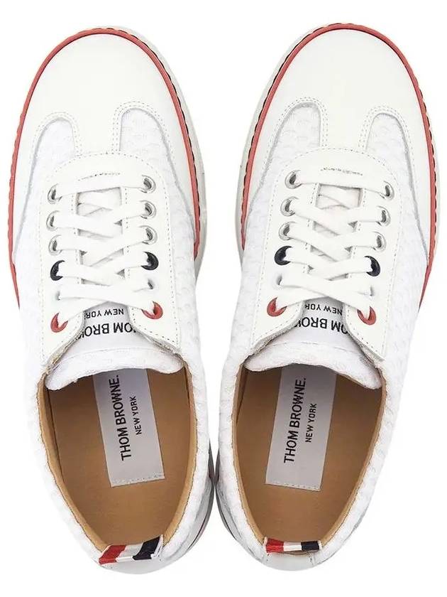 Women's Vitello Calfskin Mesh Striped Rubber Cupsole Low Top Sneakers White - THOM BROWNE - BALAAN 5