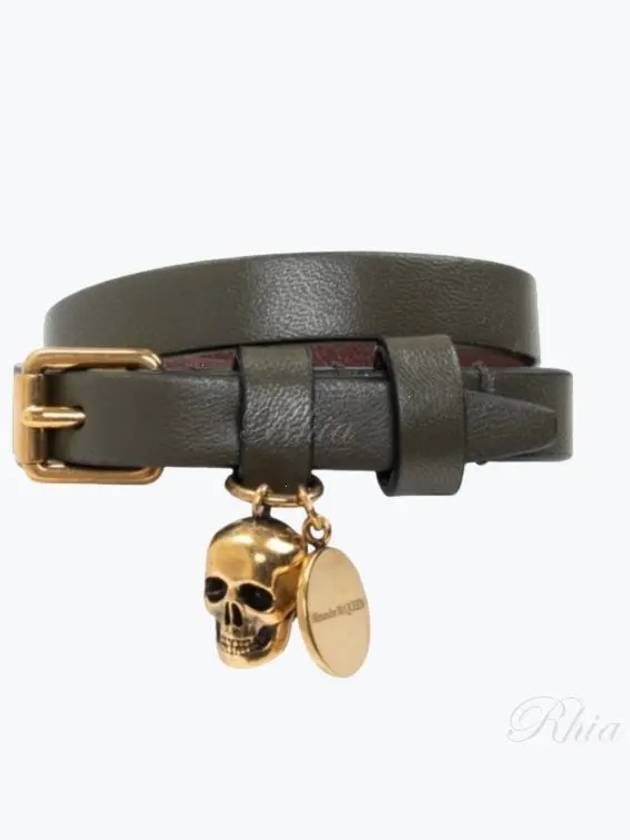 Women's Skull Double Leather Bracelet Khaki - ALEXANDER MCQUEEN - BALAAN 2