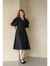 V neck puff sleeve A line midi dress black - CAHIERS - BALAAN 9