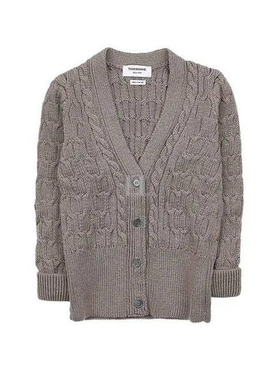 Merino Wool Crisscross Cable Stitch 3/4 Sleeve V-Neck Cardigan Medium Brown - THOM BROWNE - BALAAN 2