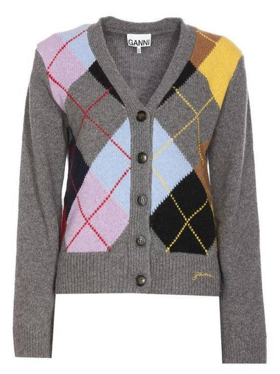 Argyle Pattern Cardigan Grey - GANNI - BALAAN 2