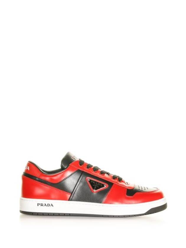 Men's Downtown Triangle Logo Leather Low Top Sneakers Red - PRADA - BALAAN 2