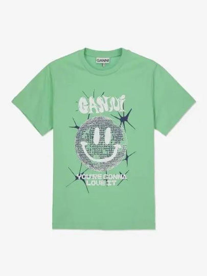 Smiley Relaxation Logo Round Neck Cotton Short Sleeve T-Shirt Green - GANNI - BALAAN 2