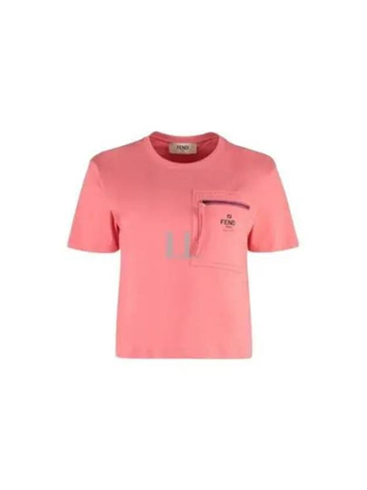 Logo Zipper Pocket Cropped Short Sleeve T-Shirt Pink - FENDI - BALAAN 2