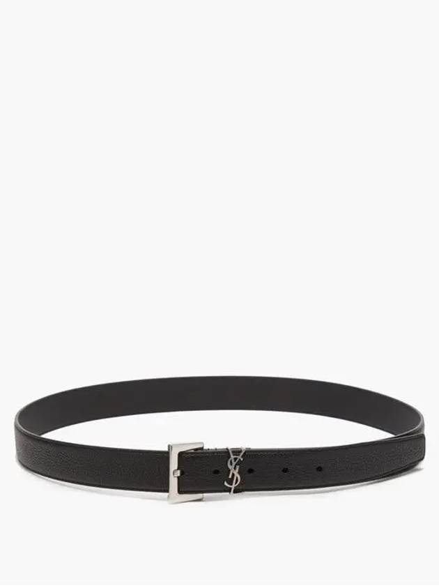 Silvertone metal YSL plaque square buckle grained leather belt - SAINT LAURENT - BALAAN 3