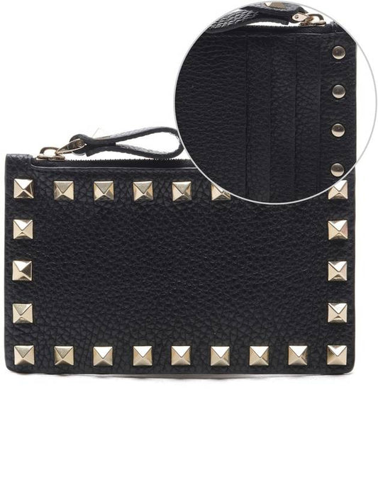 Rockstud Zipper Card Wallet Black - VALENTINO - BALAAN.