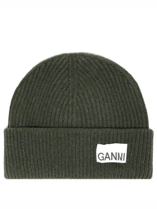 Logo Patch Ribbed Knit Beanie Khaki - GANNI - BALAAN 2