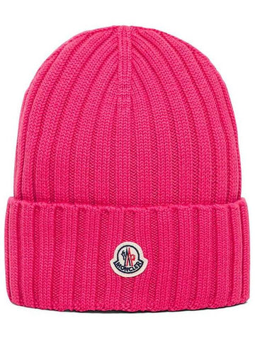 Wool Logo Patch Beanie Pink - MONCLER - BALAAN.