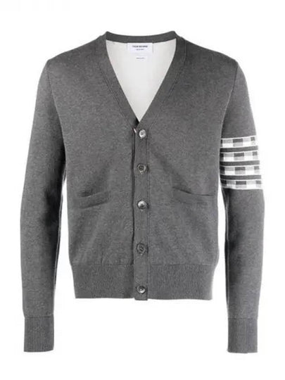 4-Bar V-Neck Hector Jacquard Cotton Cardigan Grey - THOM BROWNE - BALAAN 2