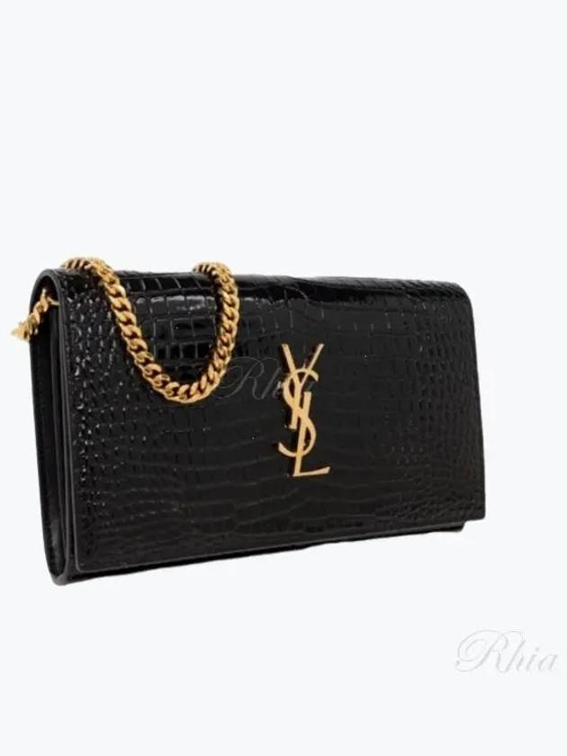 Cassandre Chain Crocodile Embossing Leather Long Wallet Black - SAINT LAURENT - BALAAN 2