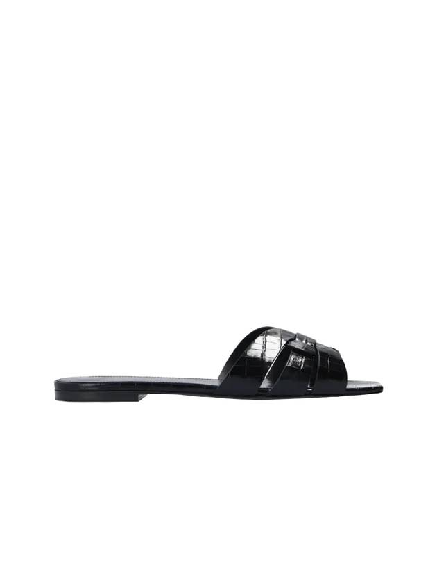 Tribute Crocodile Embossed Shiny Leather Mules Black - SAINT LAURENT - BALAAN 3