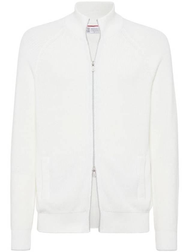 Ribbed Cotton Zip-Up Cardigan White - BRUNELLO CUCINELLI - BALAAN 1