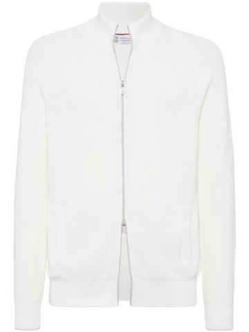 Ribbed Cotton Zip-Up Cardigan White - BRUNELLO CUCINELLI - BALAAN 1