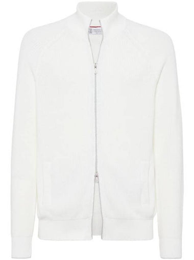 Ribbed Cotton Zip-Up Cardigan White - BRUNELLO CUCINELLI - BALAAN 1