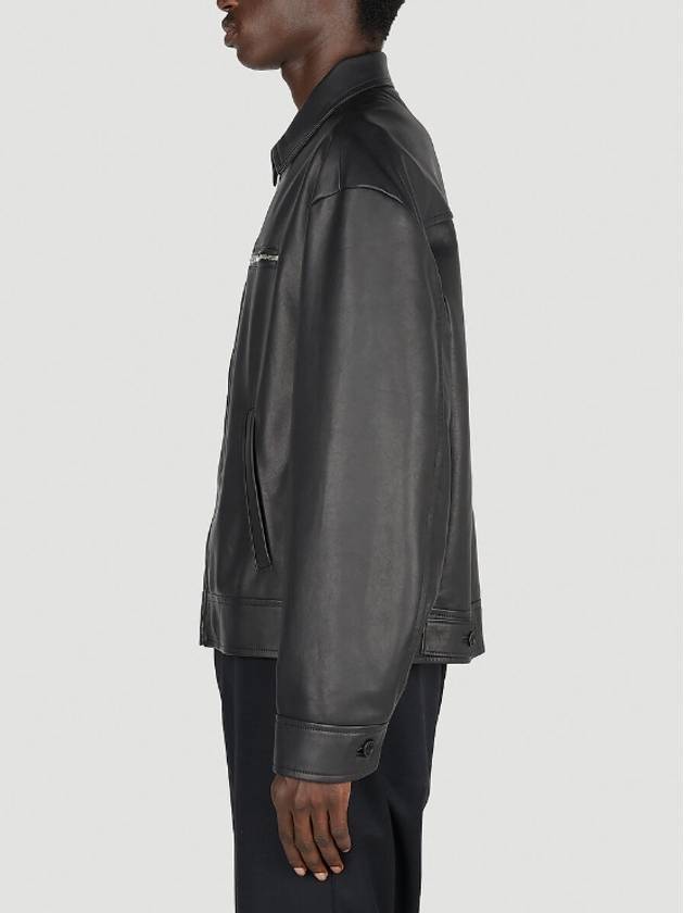 Triangle Logo Nappa Leather Zip Up Jacket Black - PRADA - BALAAN 4