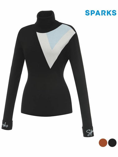 Women s neck polar color combination long sleeved high half knit sweater SL3LKT001 - SPARKS - BALAAN 1