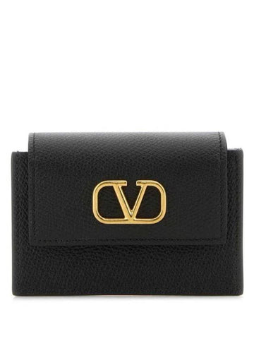 V Logo Flapover Card Wallet Black - VALENTINO - BALAAN 1