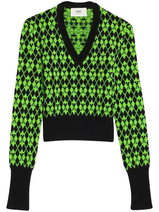 V-neck Jacquard Wool Knit Top Black Green - AMI - BALAAN 1