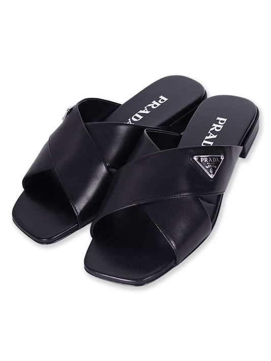 Women's Cross Leather Slippers Black - PRADA - BALAAN 2