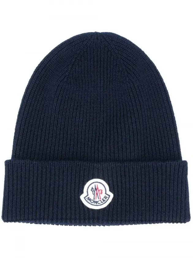 Logo Patch Wool Beanie Navy Blue - MONCLER - BALAAN.