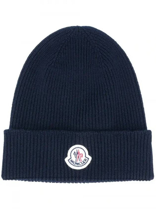 Logo Patch Wool Beanie Navy Blue - MONCLER - BALAAN 1