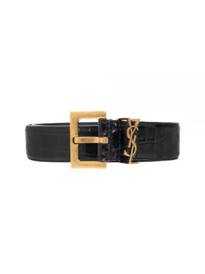 Cassandra Square Crocodile Leather Buckle Belt Black - SAINT LAURENT - BALAAN 2