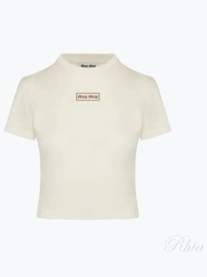 Logo Patch Crop Cotton Short Sleeve T-shirt Light Beige - MIU MIU - BALAAN 2