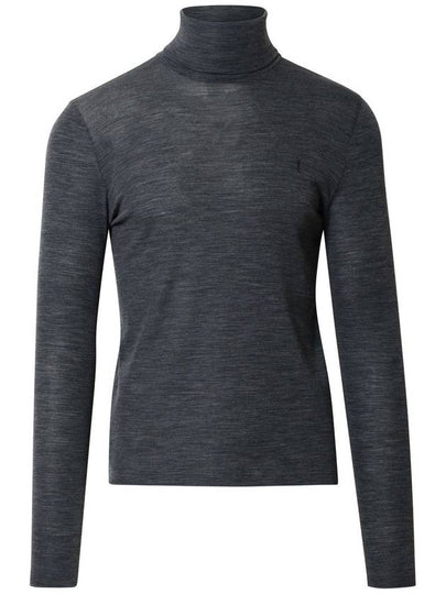 Embroidered Logo Roll Neck Wool Knit Top Grey - SAINT LAURENT - BALAAN 2