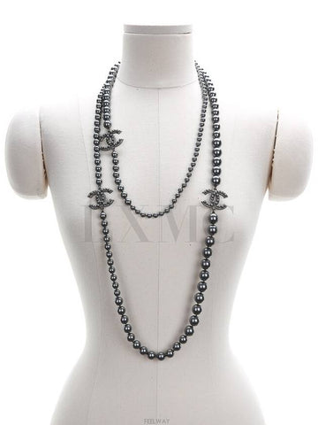 100th Anniversary Ruthenium Long Necklace CC Logo Chain Pearl Gray - CHANEL - BALAAN 1