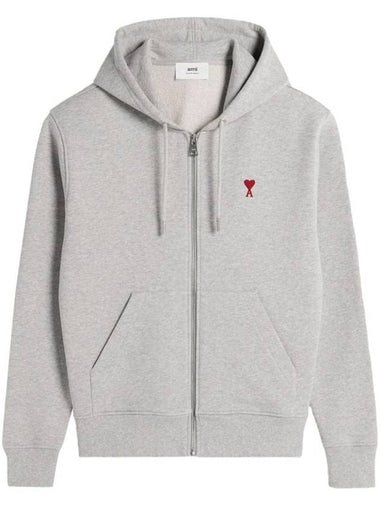 Red Small Heart Logo Cotton Hooded Zip-up Heather Ash Grey - AMI - BALAAN 1