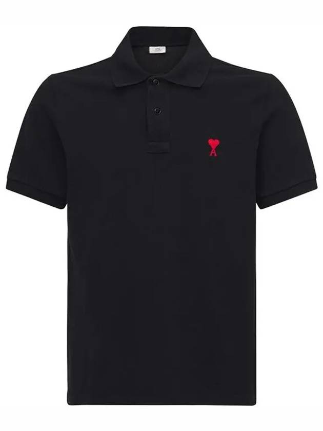 Paris Front Half Button Closure Logo Cotton Pique Polo Black - AMI - BALAAN 1