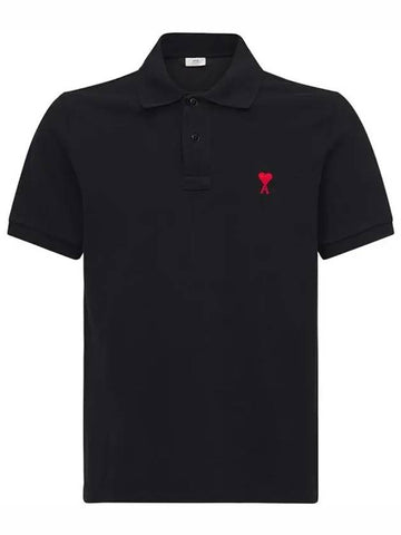 Paris Front Half Button Closure Logo Cotton Pique Polo Black - AMI - BALAAN 1