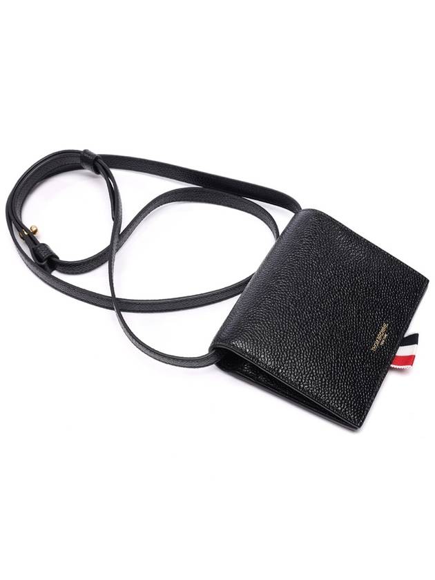 Pebble Calfskin Leather Card Holder With Strap Black - THOM BROWNE - BALAAN 6