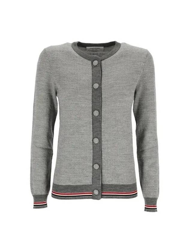 Herringbone Crew Neck Wool Cardigan Light Grey - THOM BROWNE - BALAAN 2