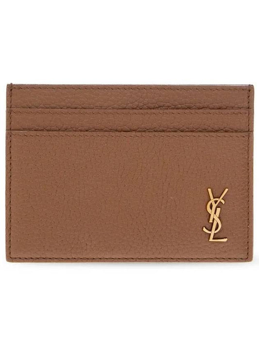 Monogram Gold Logo Calf Leather Card Wallet Brown - SAINT LAURENT - BALAAN 1