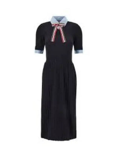 Ribbon Tie Layered Knit Midi Dress Navy - THOM BROWNE - BALAAN 2