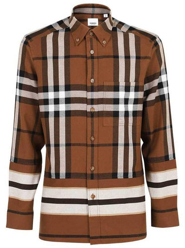 Men's Check Stripe Flannel Long Sleeve Shirt Brown - BURBERRY - BALAAN 1