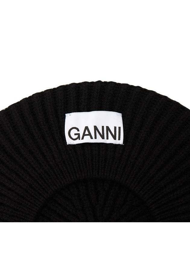 Logo Rib Edge Wool Beret Black - GANNI - BALAAN 7