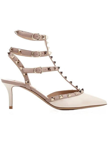 Rockstud Strap Leather Sandal Heels Beige - VALENTINO - BALAAN 1