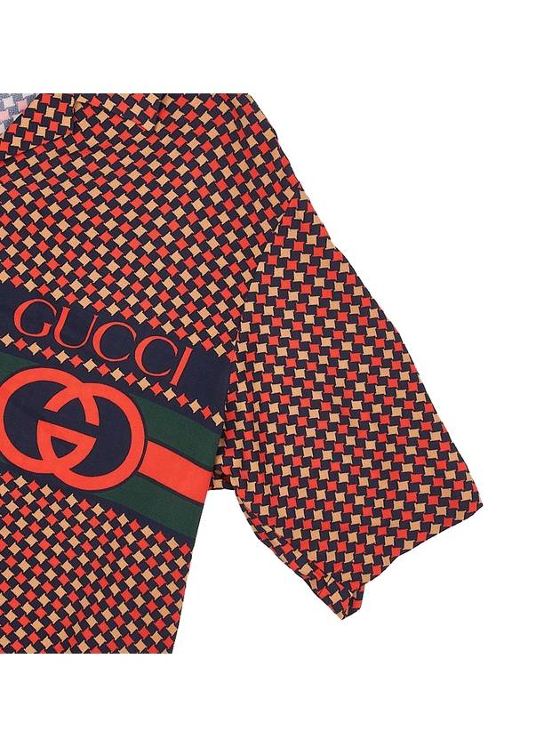 Geometric Houndstooth Bowling Silk Short Sleeve Shirt Red Beige Black - GUCCI - BALAAN 5