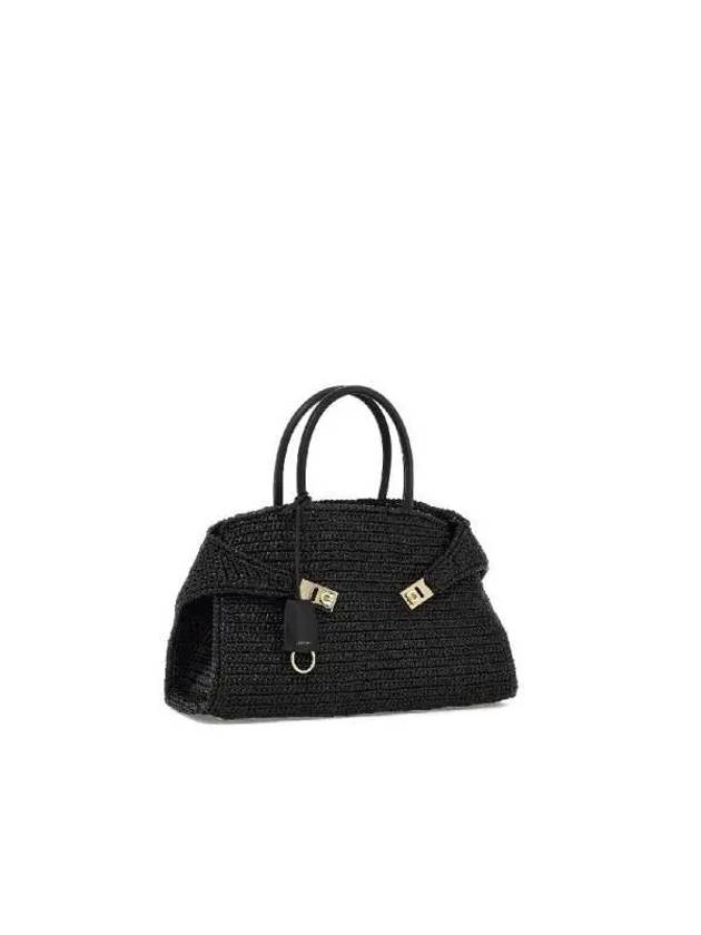 Hug Gancini Medium Raffia Tote Bag Black - SALVATORE FERRAGAMO - BALAAN 4