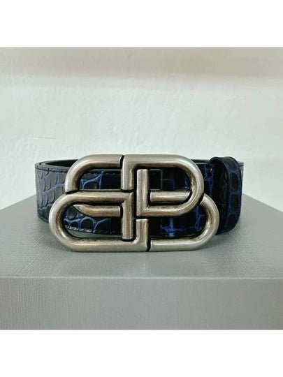 Men s Navy Metal Logo Buckle Crocodile Emboss Calf Leather Belt 570370 4611T 568024 - BALENCIAGA - BALAAN 2