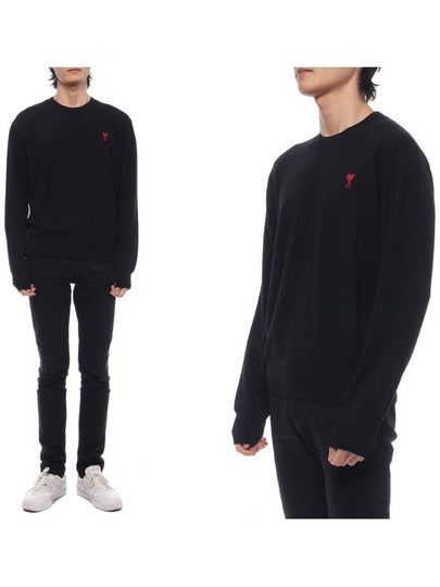 Heart Embroidered Logo Crew Neck Knit Top Black - AMI - BALAAN 2