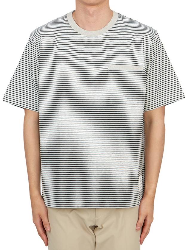 Striped Pocket Cotton Oversized Short Sleeve T-Shirt Blue - THOM BROWNE - BALAAN 2