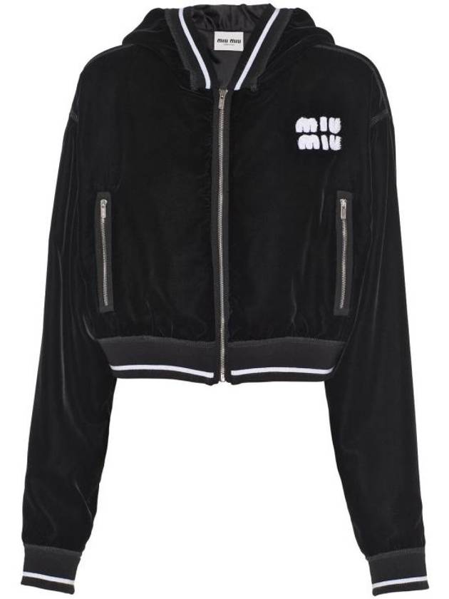 Embroidered Velvet Hooded Jacket Black - MIU MIU - BALAAN 2