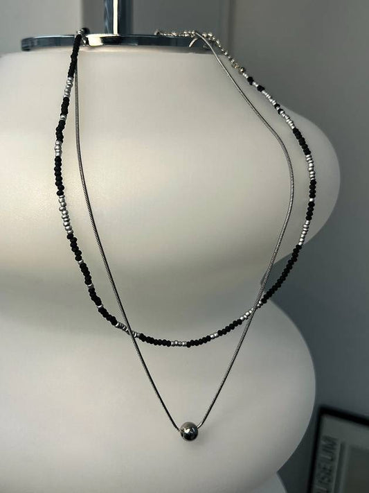 Handmade Glass Bead Ball Layering Necklace Black - S SY - BALAAN 1