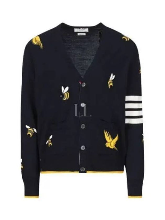 Men's Merino Bird Bee 4 Bar V-Neck Merino Cotton Cardigan Navy - THOM BROWNE - BALAAN 2