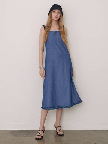 Women's Tassel Trimmed Denim Long Dress Blue - PRETONE - BALAAN 1