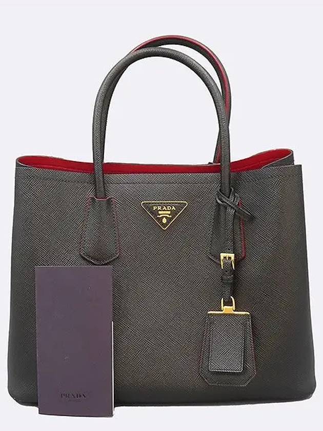 1BG775 Black Saffiano Dubl gold logo decorated tote bag - PRADA - BALAAN 1