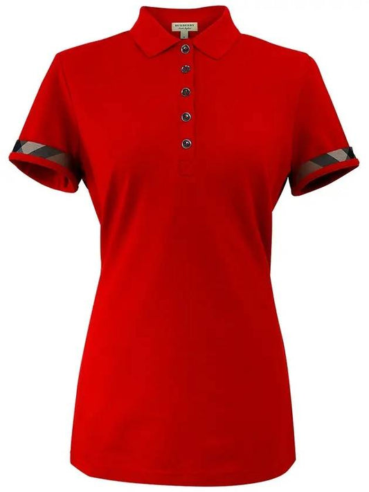 Women's Check Sleeve Short Sleeve Polo Shirt Red - BURBERRY - BALAAN.